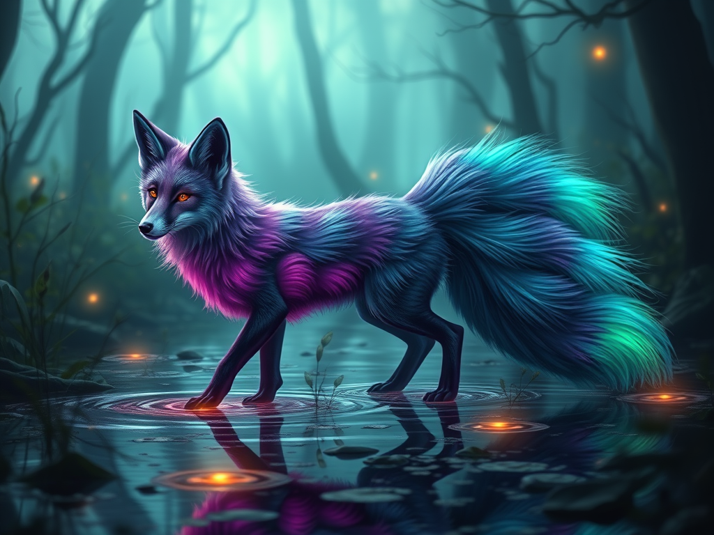purple blue and green fox-like creature with three tails background swamp