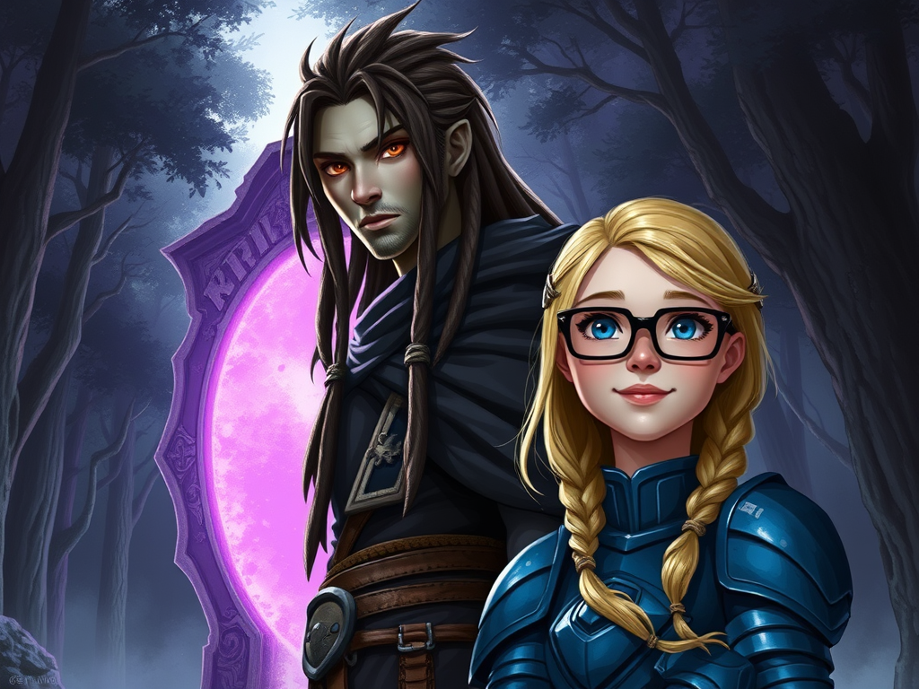 Short young woman with blonde hair and blue eyes wearing blue armor standing in front of a tall young man with orange eyes and gray skin who is standing in front of a glowing purple portal surrounded by trees in a dimly lit forest