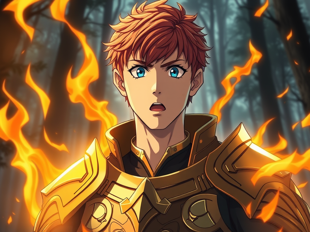 startled-looking twenty-year-old man with auburn hair and blue eyes wearing golden armor and surrounded by golden flames and standing in a misty forest