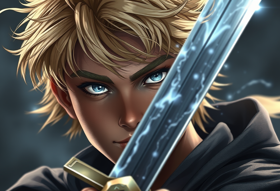 young man with blond hair, brown skin and blue eyes with a sword blade in foreground at a diagonal hiding part of his face