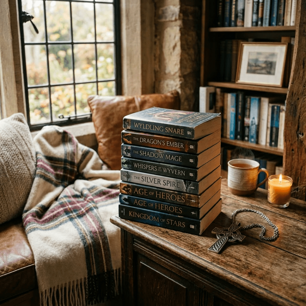 Stack of fantasy novels on wooden table next to tea, candle, and Celtic cross necklace