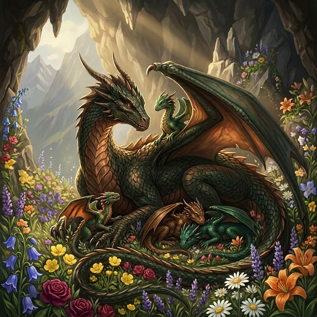 Adult dragon surrounded by four dragonlings in a colorful flower-filled cave