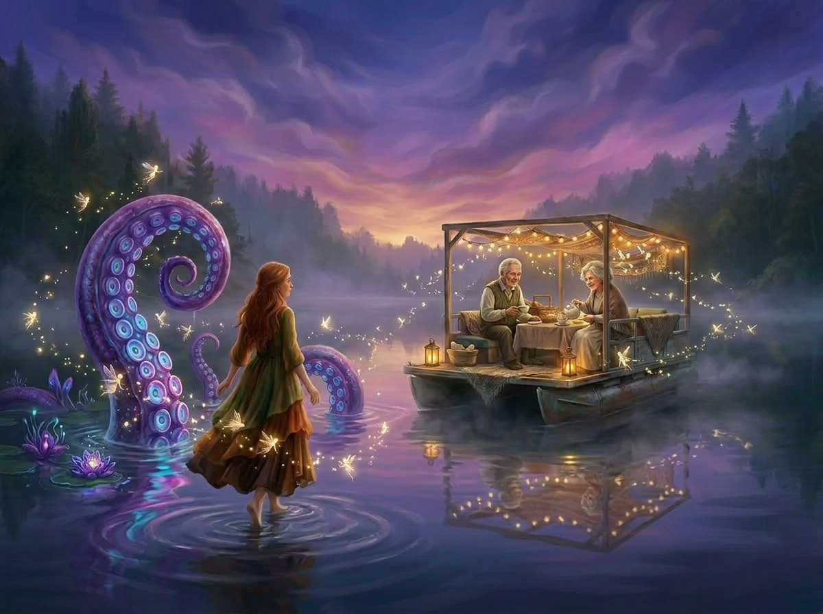 Woman wading in calm lake water approaching a decorated floating lounge with string lights
